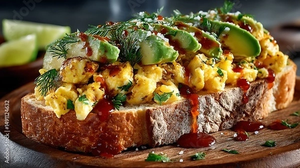 Fototapeta A golden-brown egg sandwich with fluffy scrambled eggs and avocado slices, presented on a rustic wooden plate with a drizzle of hot sauce.
