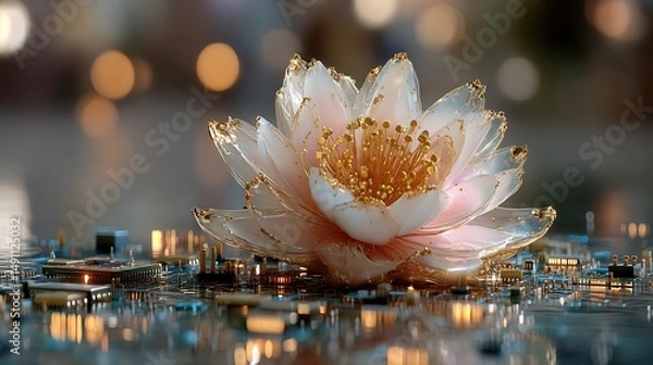Fototapeta A golden lotus flower floating above a liquid-cooled circuit board, reflective surfaces