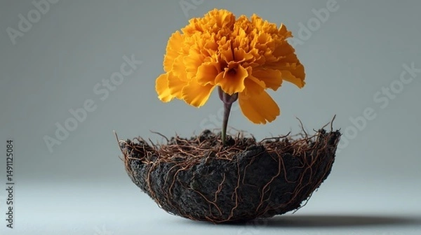 Fototapeta A golden marigold with a thin stem, nestled in a black clay nest, on a clean white background