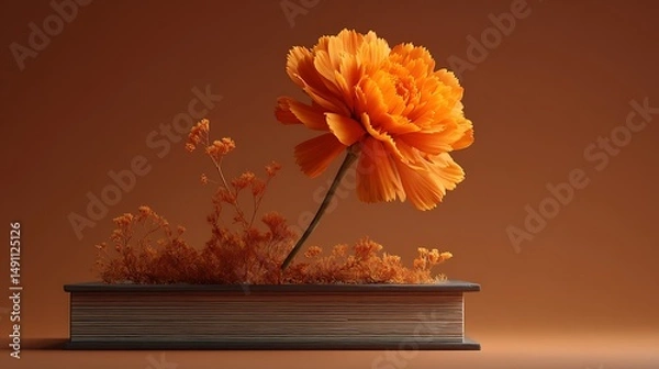 Fototapeta A golden marigold sprouting from the spine of a hardcover book