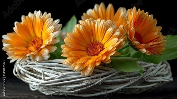Fototapeta A golden orange calendula with fresh stems, placed in a white wicker nest, on a solid black background