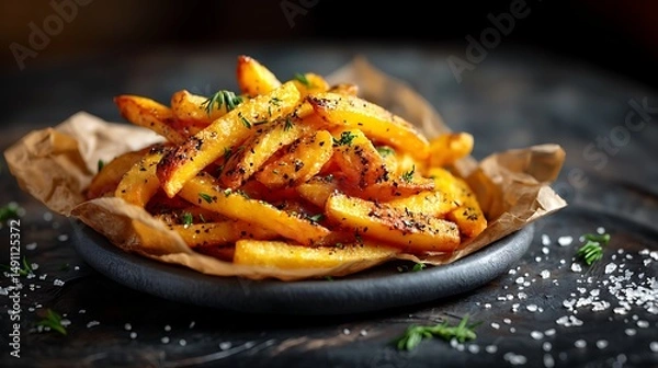 Fototapeta A gourmet-style paper pouch with truffle-oil-drizzled fries, resting on a smooth charcoal-gray ceramic plate, soft focus background