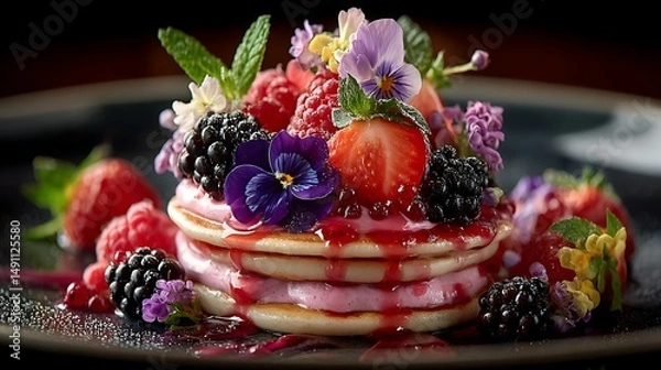 Fototapeta A gourmet pancake dessert with layers of strawberry mousse, fresh berries, and edible flowers, presented on a sleek black plate.