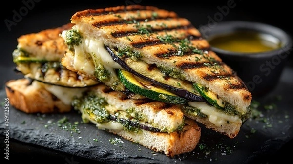 Fototapeta A grilled vegetable panini with zucchini, eggplant, and pesto on a slate plate, char marks visible, side of olive oil dip