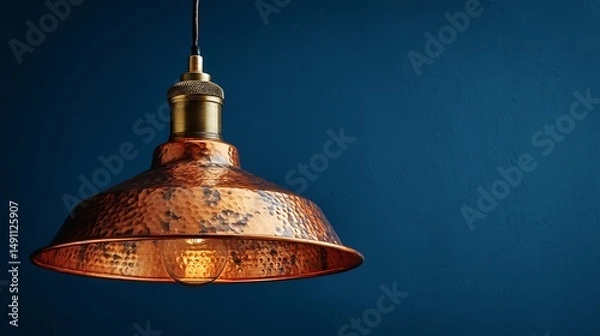 Fototapeta A hammered copper pendant lamp with a rustic finish, hanging against a deep navy background with open copyspace.