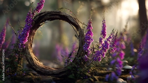 Fototapeta A hand-hewn wooden circle in a mystical mushroom forest, purple foxgloves glowing in the soft background