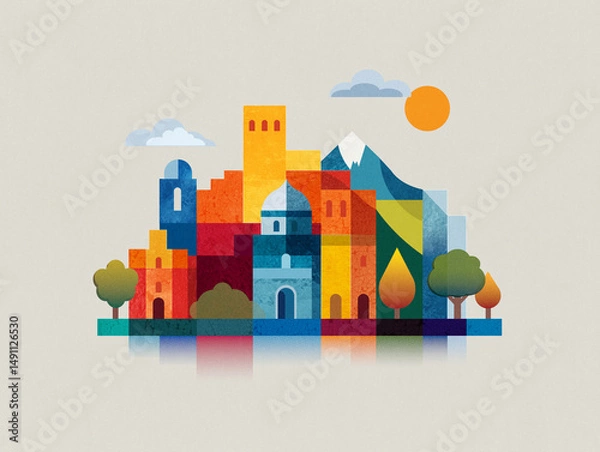 Fototapeta Colorful cityscape illustration with abstract geometric buildings and nature. Stylized architecture, trees, mountains in a panoramic layout. Flat modern design. Travel, tourism, city branding poster