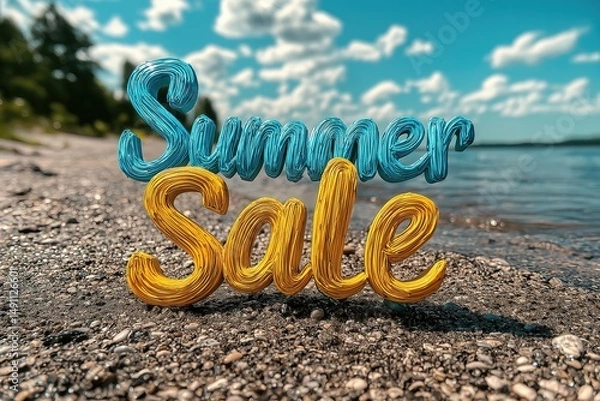 Obraz Summer Sale Email Banner with Floating Text on the Beach, Vibrant Business Marketing Graphic for Promotions, Seasonal Discount Ad Web Shopping Design