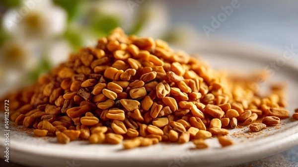 Fototapeta A handful of fenugreek seeds spilled gracefully on a white background plate