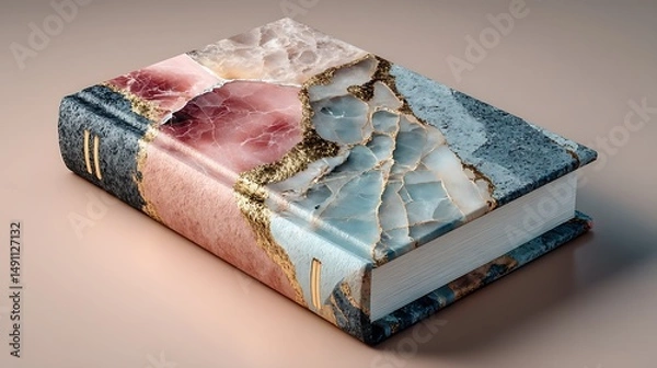 Fototapeta A hardcover book lying flat on a smooth marble surface, abstract geometric textures printed on its cover, muted pastel color palette, soft shadows, ample copy space