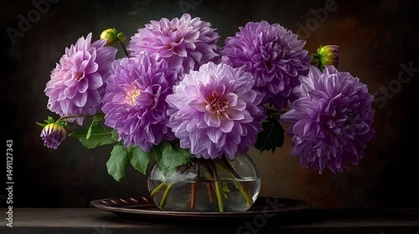 Fototapeta A heavy glass filled with pristine water, featuring eight identical lavender dahlias with sturdy stems, resting on a dark bronze tray