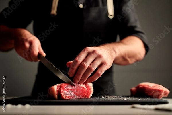 Obraz Chef slicing fresh rib-eye steak on black cutting board, holding steak with both hands, white and gray matte countertop, professional studio lighting, ultra-realistic food photography