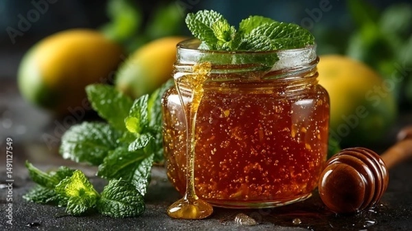Fototapeta A high-angle shot of a glass jar filled with mango jam, surrounded by fresh mint leaves and a drizzle of honey.