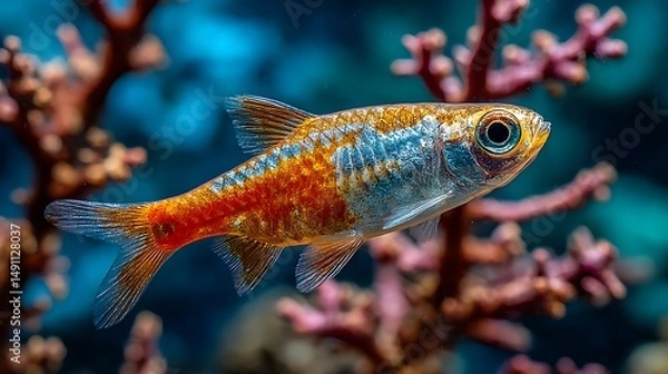 Fototapeta A high-definition macro of a Harlequin Rasbora eating flakes, its copper-orange body contrasted against deep blue water.