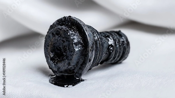 Fototapeta A high-detail shot of an oil drain plug covered in black sludge, resting on a clean white cloth for contrast.