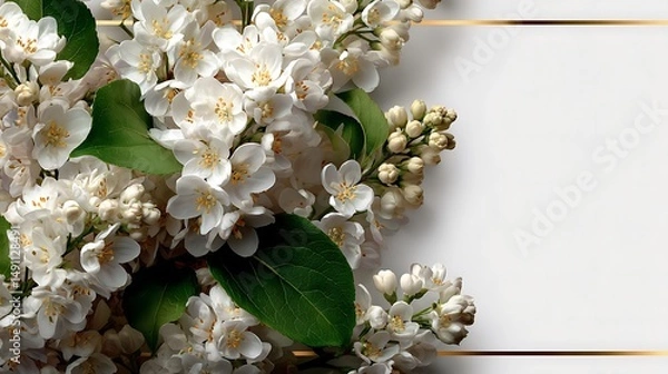 Fototapeta A high-end black frame with a metallic gold inlay, fresh gardenias and lilacs placed artistically, bright white background