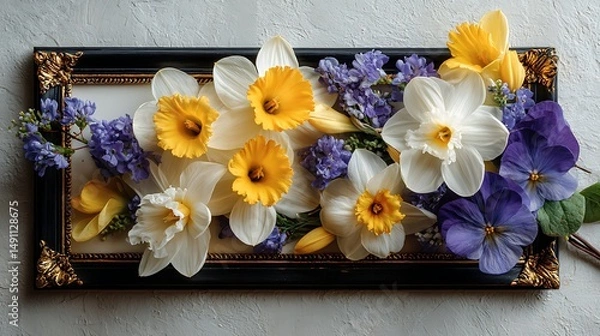 Fototapeta A high-quality black frame with an embossed gold border, fresh daffodils and violets placed beside it, bright white backdrop with crisp details.