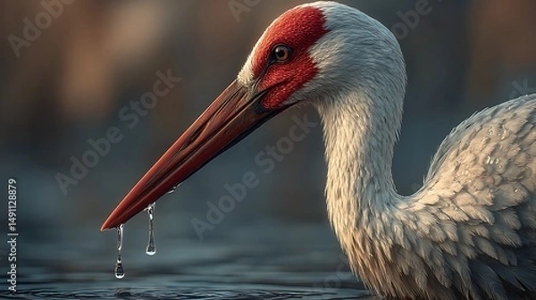 Fototapeta A high-resolution macro of a stork drinking from a river, water dripping from its slender beak.