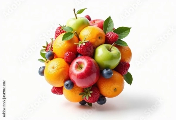 Fototapeta vibrant fruits levitating colorful still life white backdrop fresh healthy organic produce floating sphere, apple, orange, grape, strawberry, cherry, melon