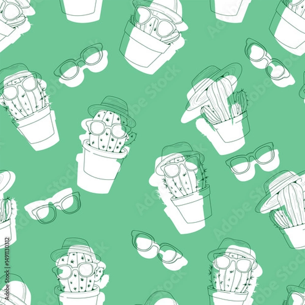 Obraz Seamless vector pattern with summer cacti in sunglasses. Stylized plants in glasses and hats on a green background will add childish spontaneity and brightness to any project.