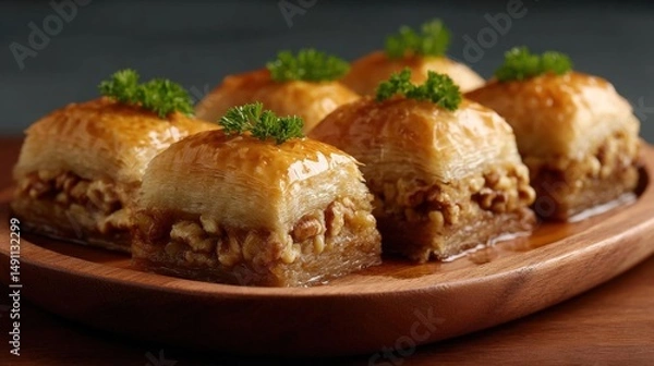 Fototapeta Wooden plate with six pieces of baklava, a traditional middle eastern dessert, arranged in a circular pattern on it. the bakliava is golden brown in color and has a flaky, buttery texture.