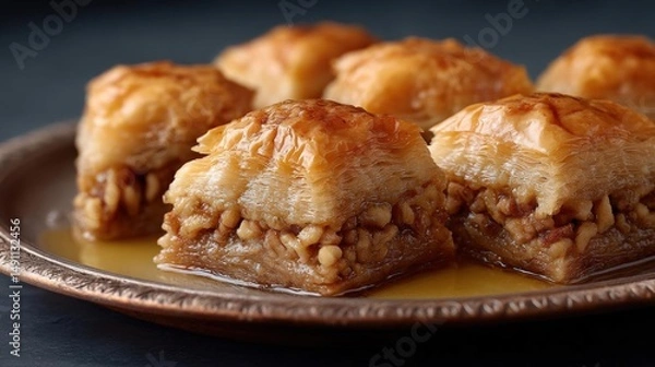 Fototapeta Plate of six pieces of baklava, a traditional middle eastern dessert. the dish is made with a golden-brown pastry crust and is filled with a mixture of nuts and meat.