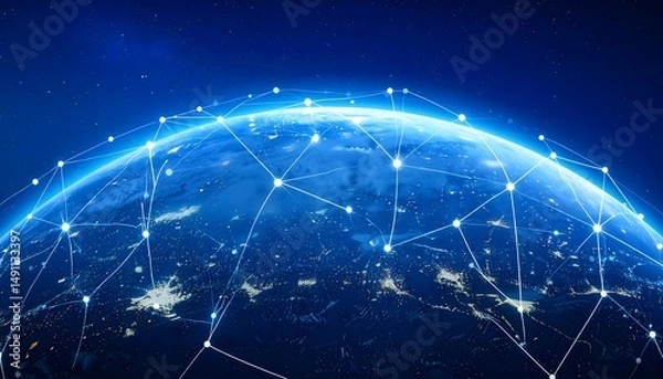 Fototapeta Global network Earth covered in a web of connected nodes against a starry, deep blue background