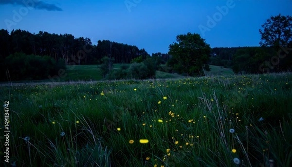 Fototapeta Glowing insects illuminate a meadow under twilight, surrounded by trees and foliage
