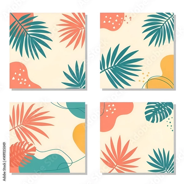 Fototapeta Collection of four modern tropical abstract art prints in a boho botanical style. Features minimalist illustrations of leaves and organic shapes in coral, teal, and yellow tones.