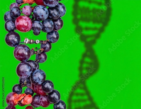 Fototapeta Grape DNA Grapes stacked like DNA on green background, science, abstract