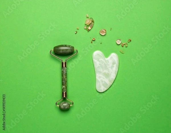 Fototapeta Green roller and gua sha, skincare tools on matching background