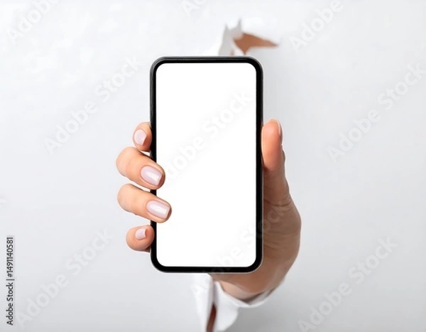 Fototapeta Hand breaking paper holding phone. Blank screen for your creative touch