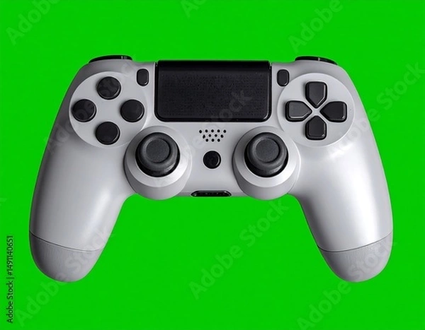 Fototapeta Grey gaming controller with buttons and joysticks against vibrant green background