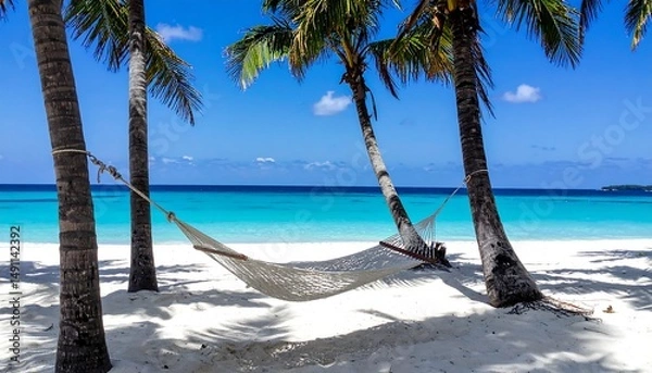 Fototapeta Hammock strung between palms on a bright beach with turquoise ocean under a clear sky
