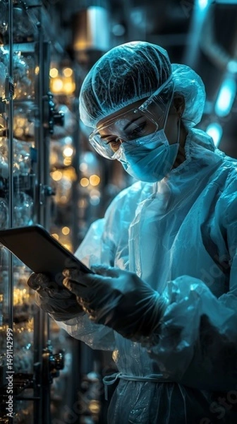 Fototapeta Focused worker in a sterile lab setting