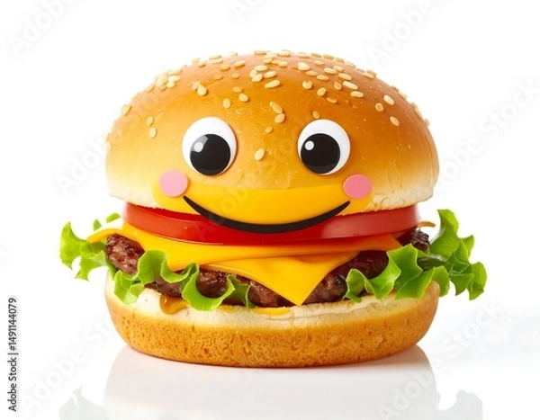 Fototapeta Happy burger with eyes, tomato, cheese, lettuce, and patty on a sesame seed bun