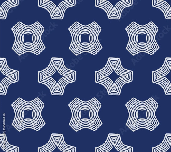 Fototapeta Hand drawn brush lines abstract geometric stars seamless pattern in traditional white and blue, Japanese folk and ethnic wood carving texture background, simple graphic for carpet, textile, decoration