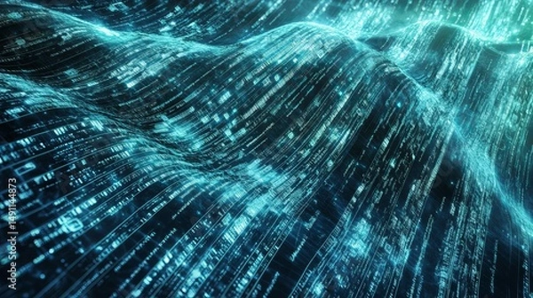 Obraz Abstract Digital Wave Teal Green Binary Code Data Flow Background Neon Blue Cyber Lines Waves Future