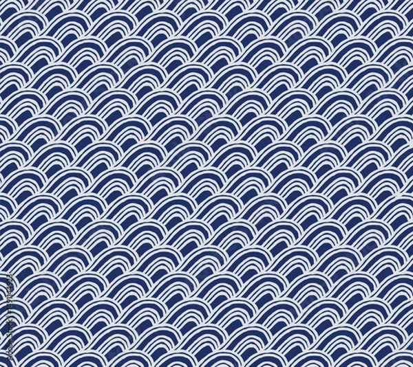 Fototapeta Hand drawn brush lines abstract asymmetrical waves and water motif, traditional pattern in white and blue, Japanese folk, ethnic wood carving texture background, simple graphic for textile, carpet 