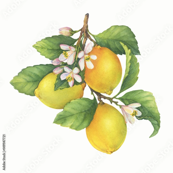 Fototapeta Fresh citrus yellow lemons fruit. Lemon tree branch with green leaves and flowers. Watercolor hand-drawn illustration on white background