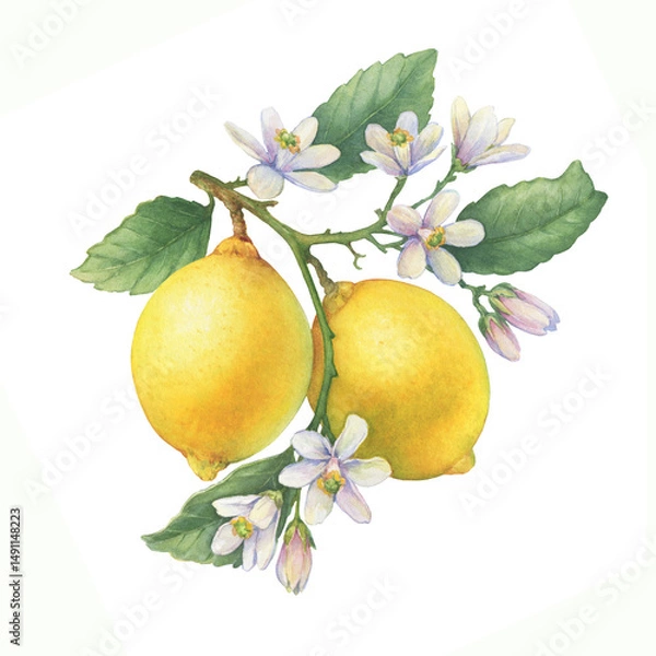 Fototapeta Fresh citrus yellow lemons fruit. Lemon tree branch with green leaves and flowers. Watercolor hand-drawn illustration on white background