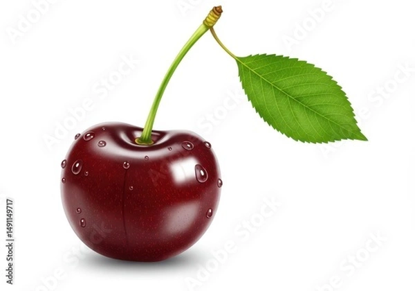 Fototapeta Close up of a single red cherry with water drops and a green leaf isolated on a white background