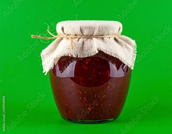 Fototapeta Jar of red jam with fabric top, twine, and green background