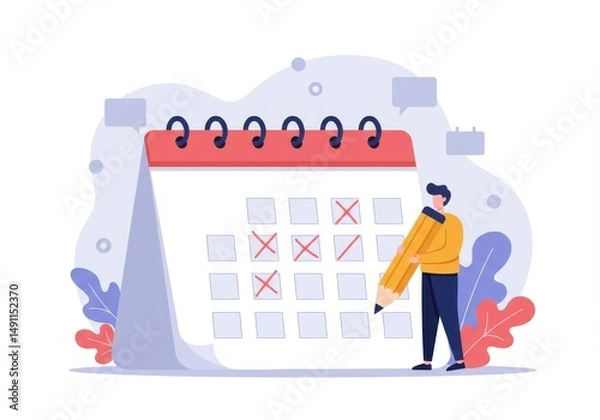 Fototapeta Man holding a large pencil marking dates on a calendar illustration
