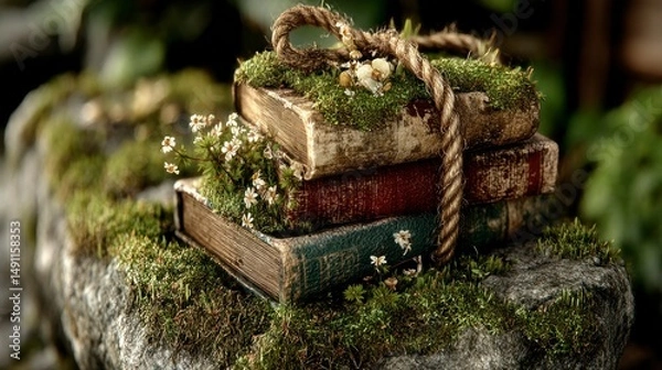 Fototapeta Stacked Books with Moss and Flowers Tied by Rope NatureInspired Composition for Fantasy and L