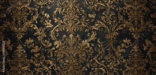 Fototapeta Intricate black & gold damask, metallic sheen ,  black,  black background,  decorative
