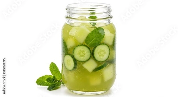 Fototapeta Mason Jar of Iced Melon Cucumber Cooler with Mint Sprigs Full View Light Refreshing Beverage on White Background