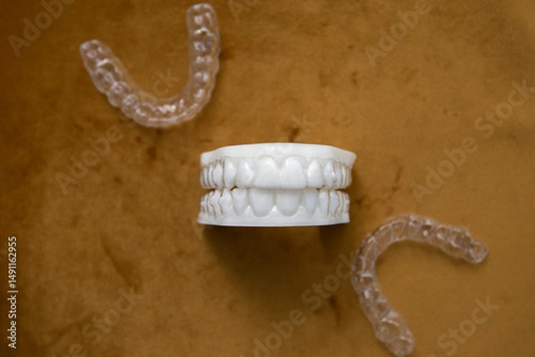 Obraz dental snow-white model of teeth, with aligners lying around it