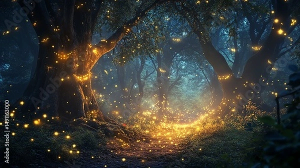 Fototapeta The stock photo showcases a magical forest illuminated by glowing fireflies and surrounded by ancient trees.