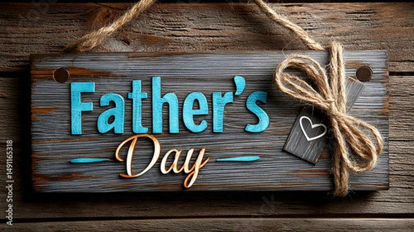 Fototapeta  Father's Day Celebration: A rustic wooden sign, embellished with a delicate twine bow, proclaims "Father's Day" against a backdrop of weathered wood and serene blue, embodying love